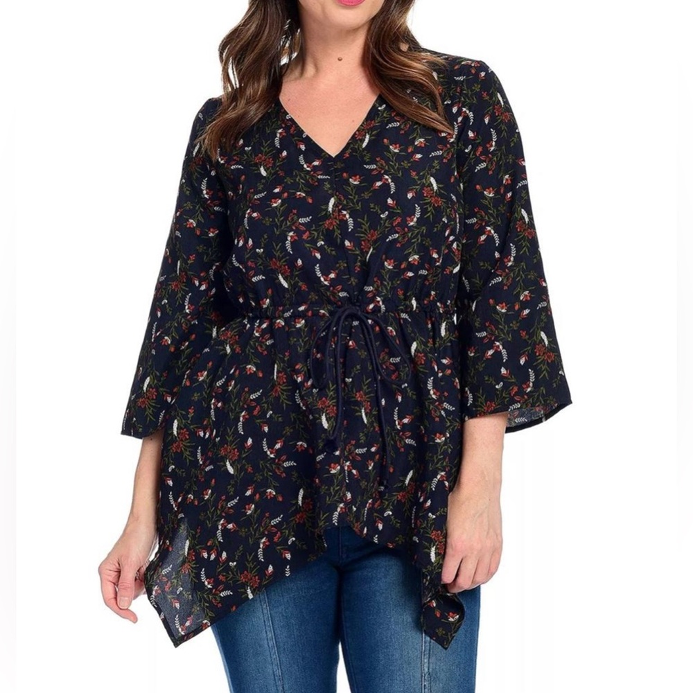 Navy Floral V-Neck Blouse